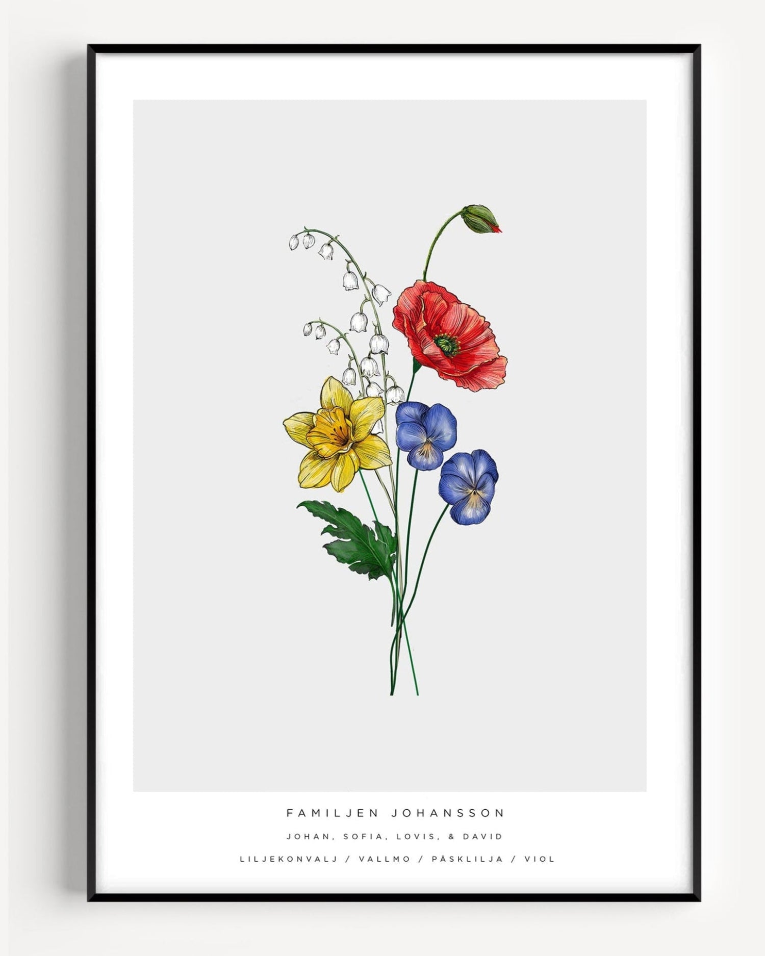 Minimal family bouquet poster featuring personalized birth flowers for each family member.