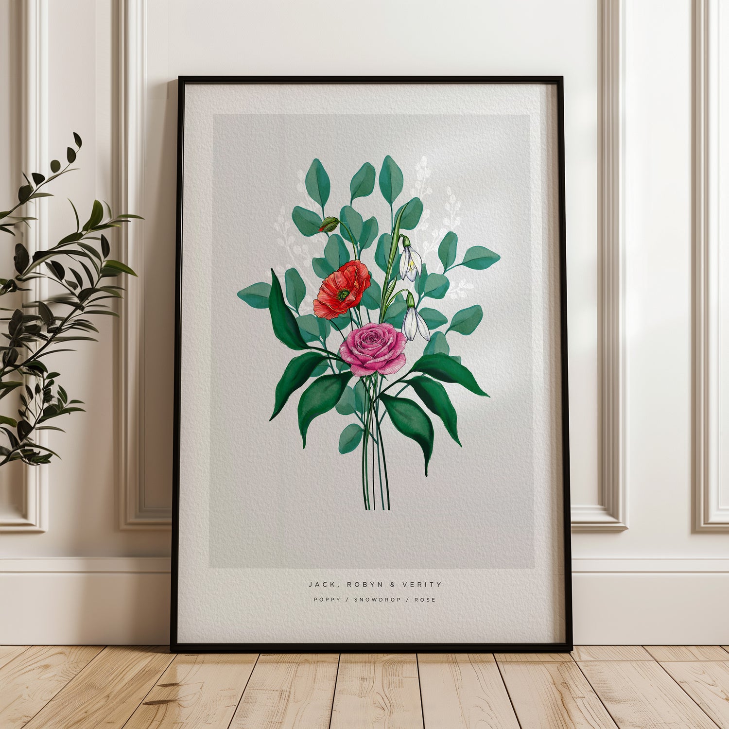 Personlig poster med månadsblommor arrangerade i en stilren bukettillustration