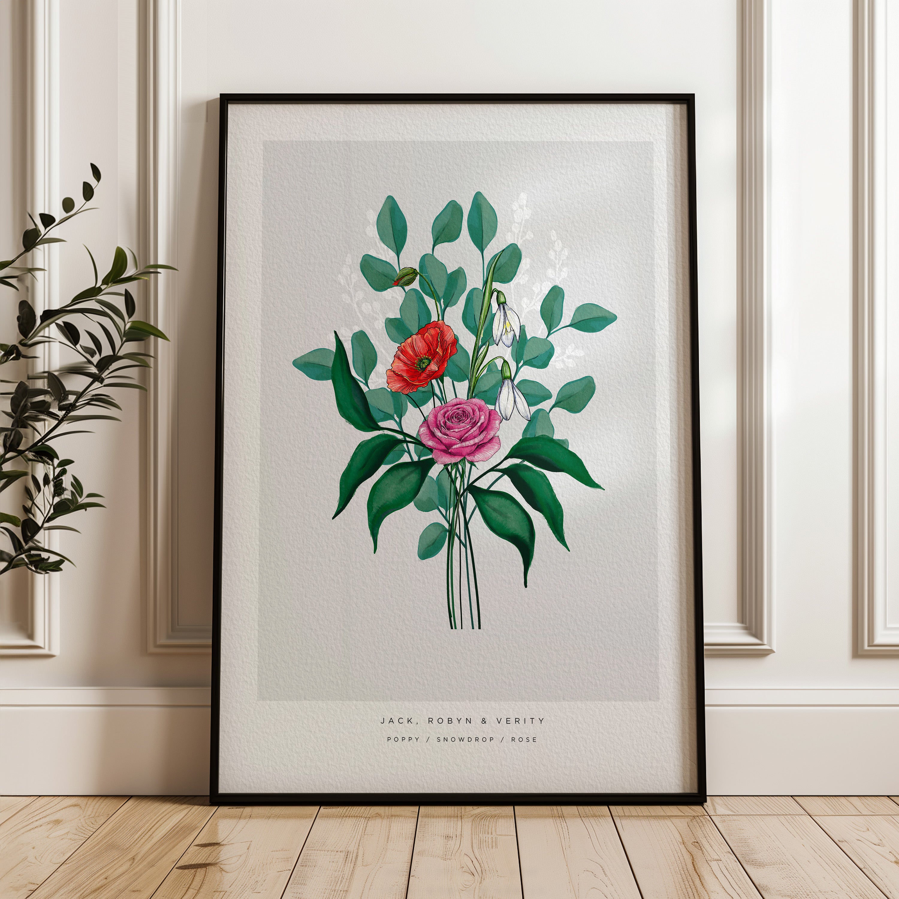 Personlig poster med månadsblommor arrangerade i en stilren bukettillustration