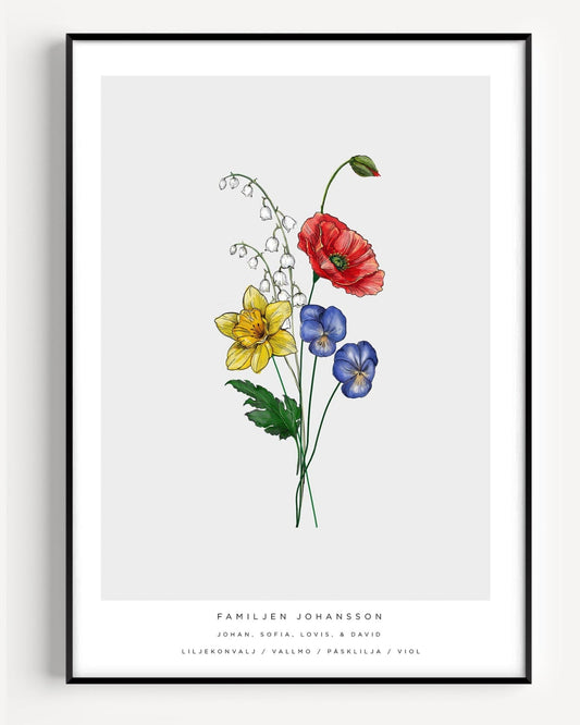 Minimal family bouquet poster featuring personalized birth flowers for each family member.
