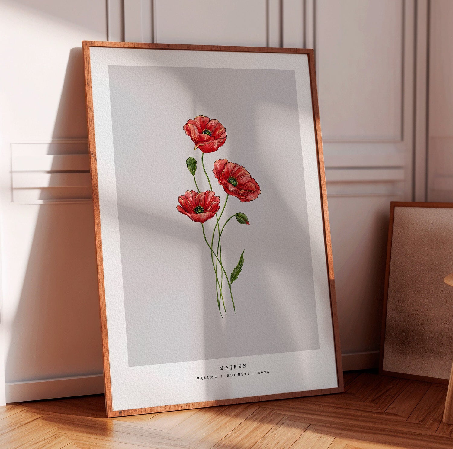 Personalized birth flower poster featuring the flower of augusti. Birth flower Poppy