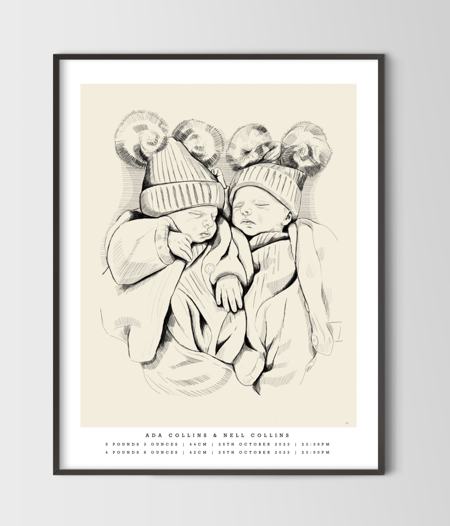 Hand-Drawn Birth Poster - Twins & triplets