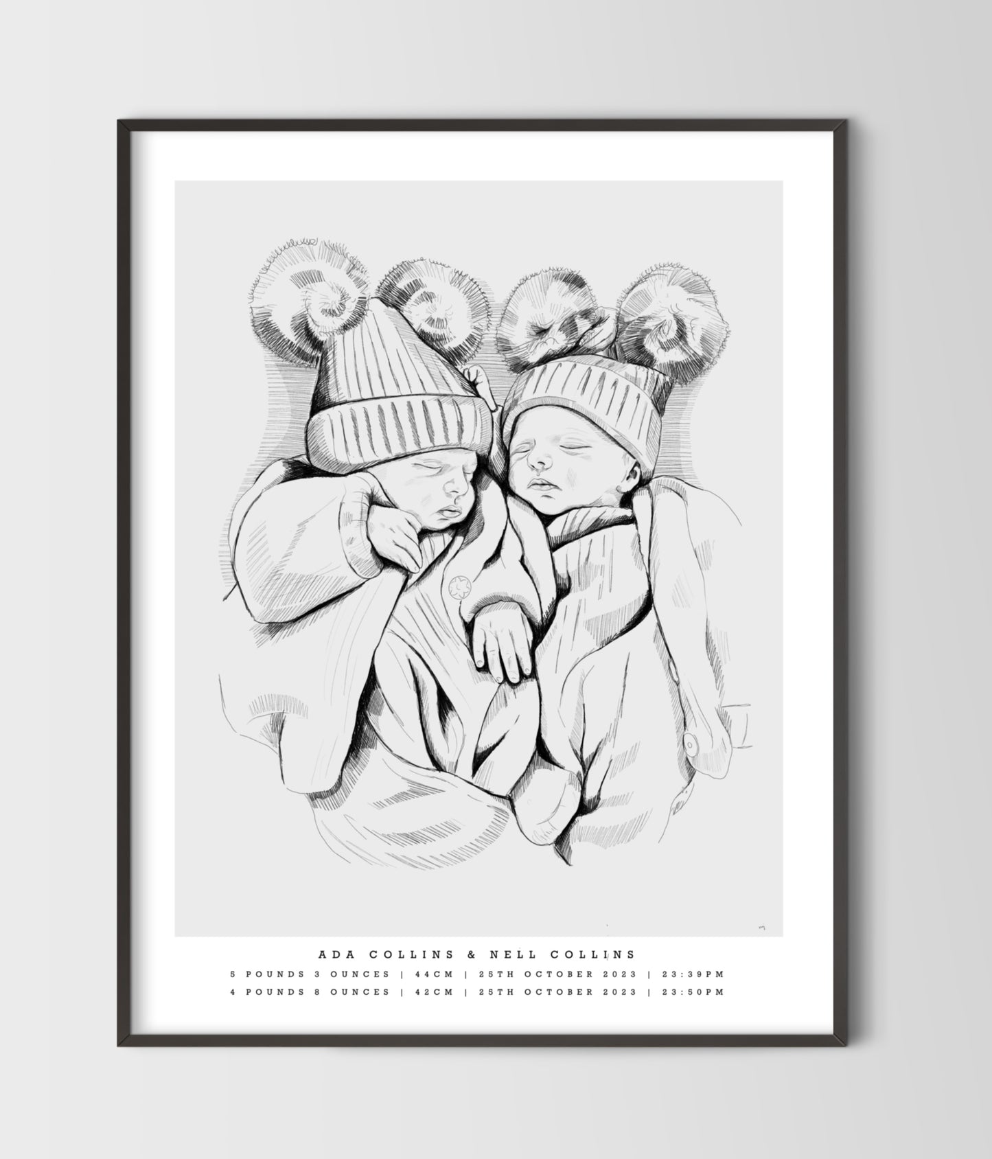 Hand-Drawn Birth Poster - Twins & triplets