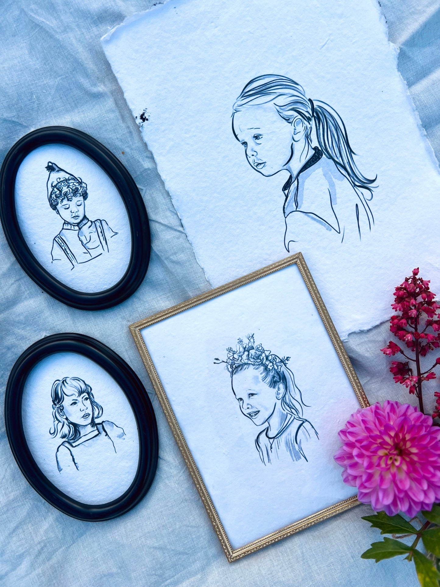 Framed fine art portrait, showcasing vintage-style artwork printed on handmade cotton paper.

