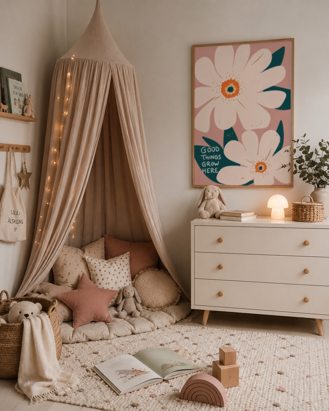 Cozy modern nursery featuring the Good Things Grow Here pink floral wall art creating a warm and calming atmosphere.