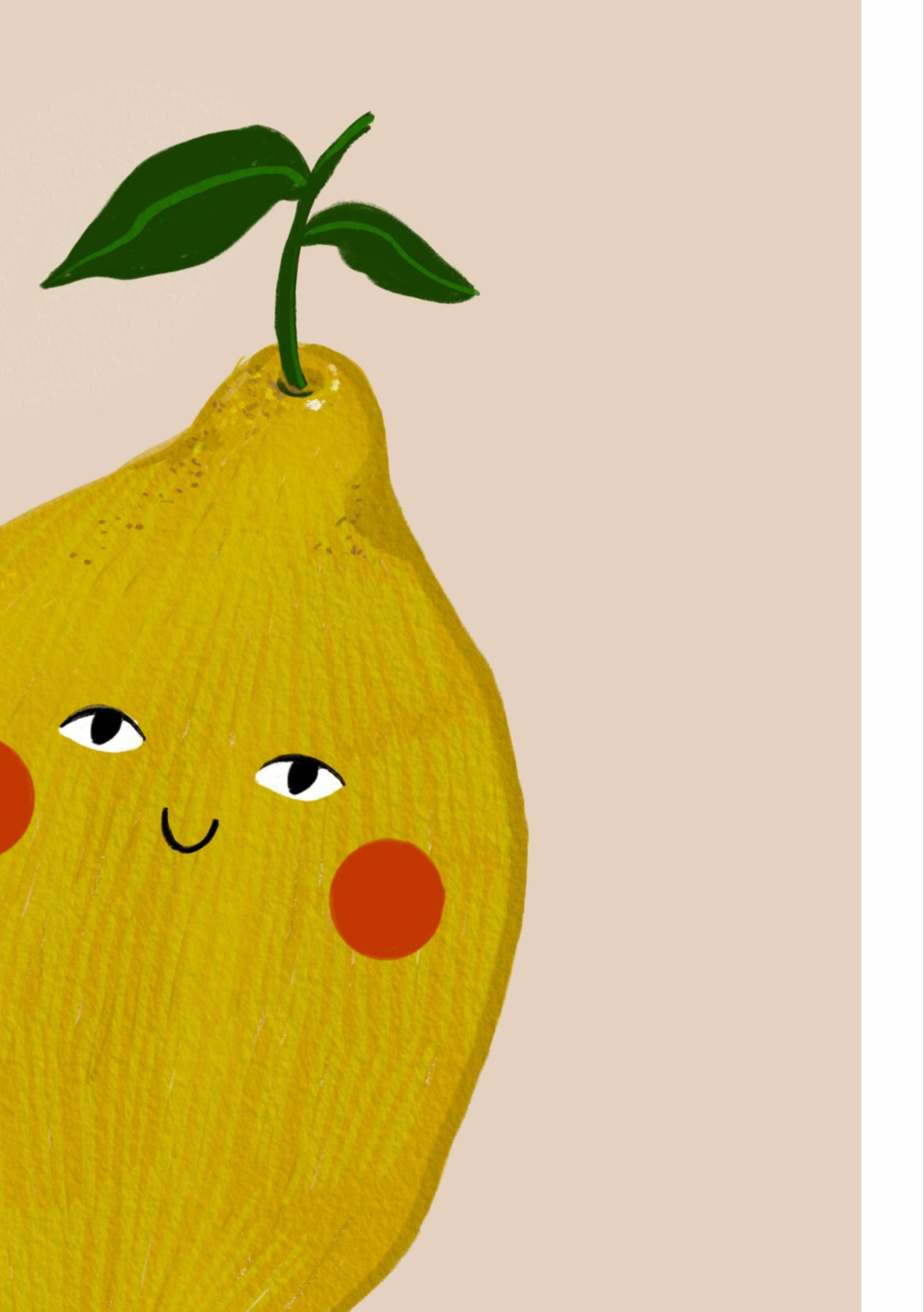 Close-up of illustrated lemon character showing hand-drawn texture and soft paper detail – modern citrus wall art for kids or nursery

