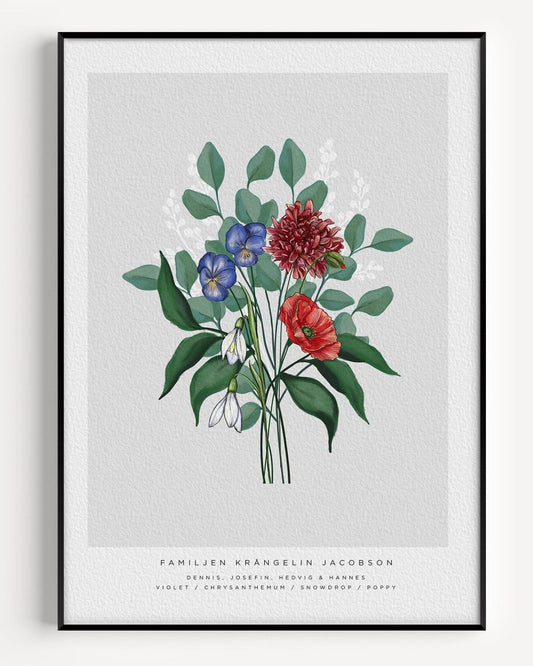 Personalized family birth flower bouquet poster with hand painted birth month flowers on grey background
