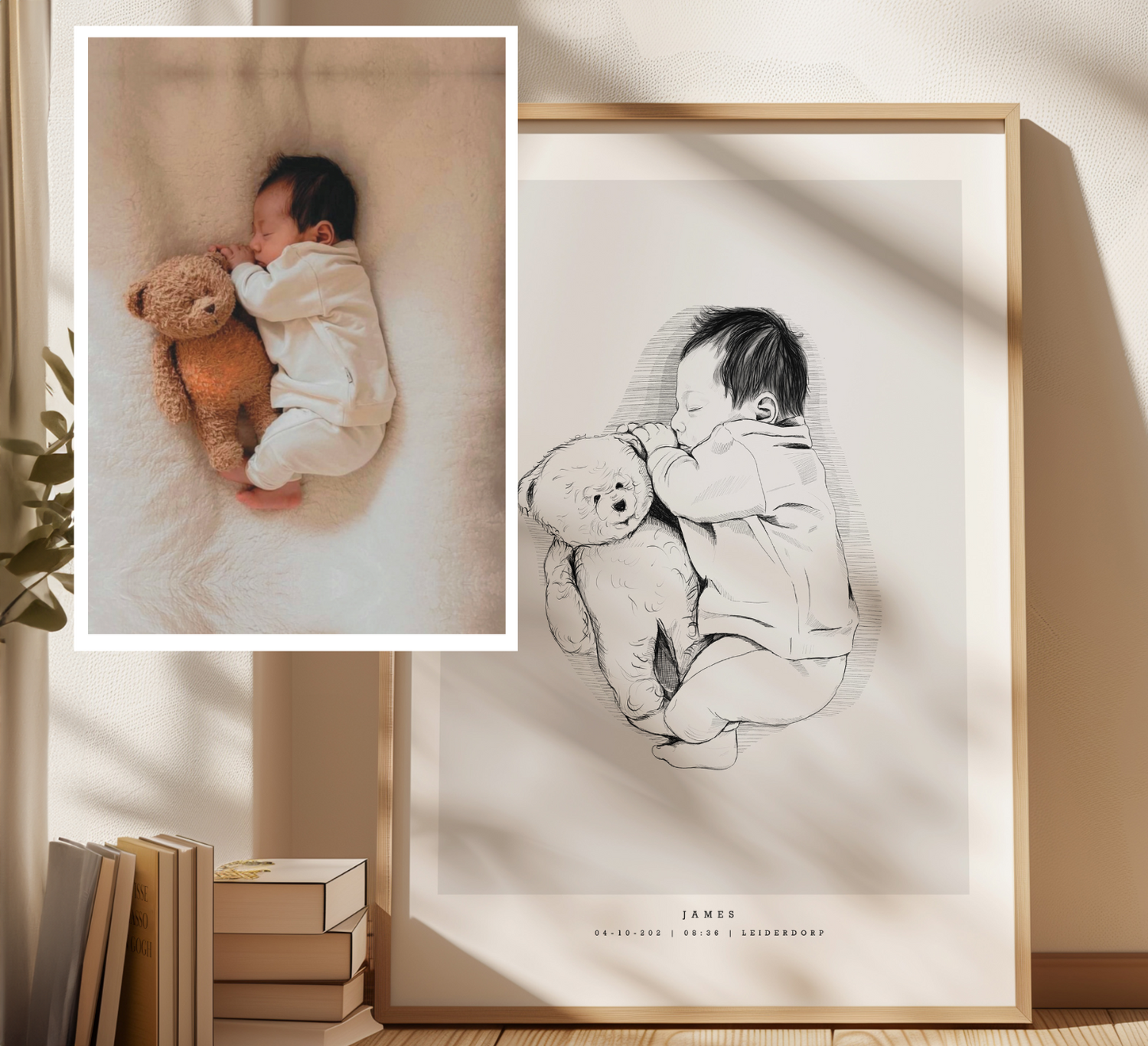 Jämförelse mellan ett nyfött barns foto och en personlig födelsetavla i skala 1:1 med handritad illustration.