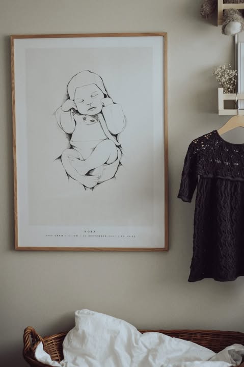 Personlig handritad födelsetavla på väggen i ett mysigt barnrum.