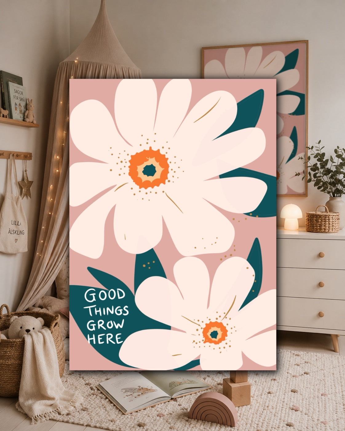 Good Things Grow Here pink floral nursery poster styled in front of a beautifully decorated children's room.