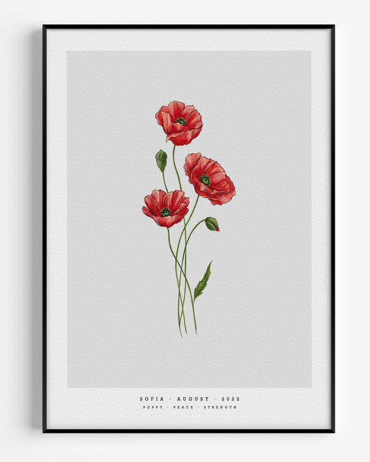 The poppy is the birth flower for July and represents remembrance, peace and creativity.