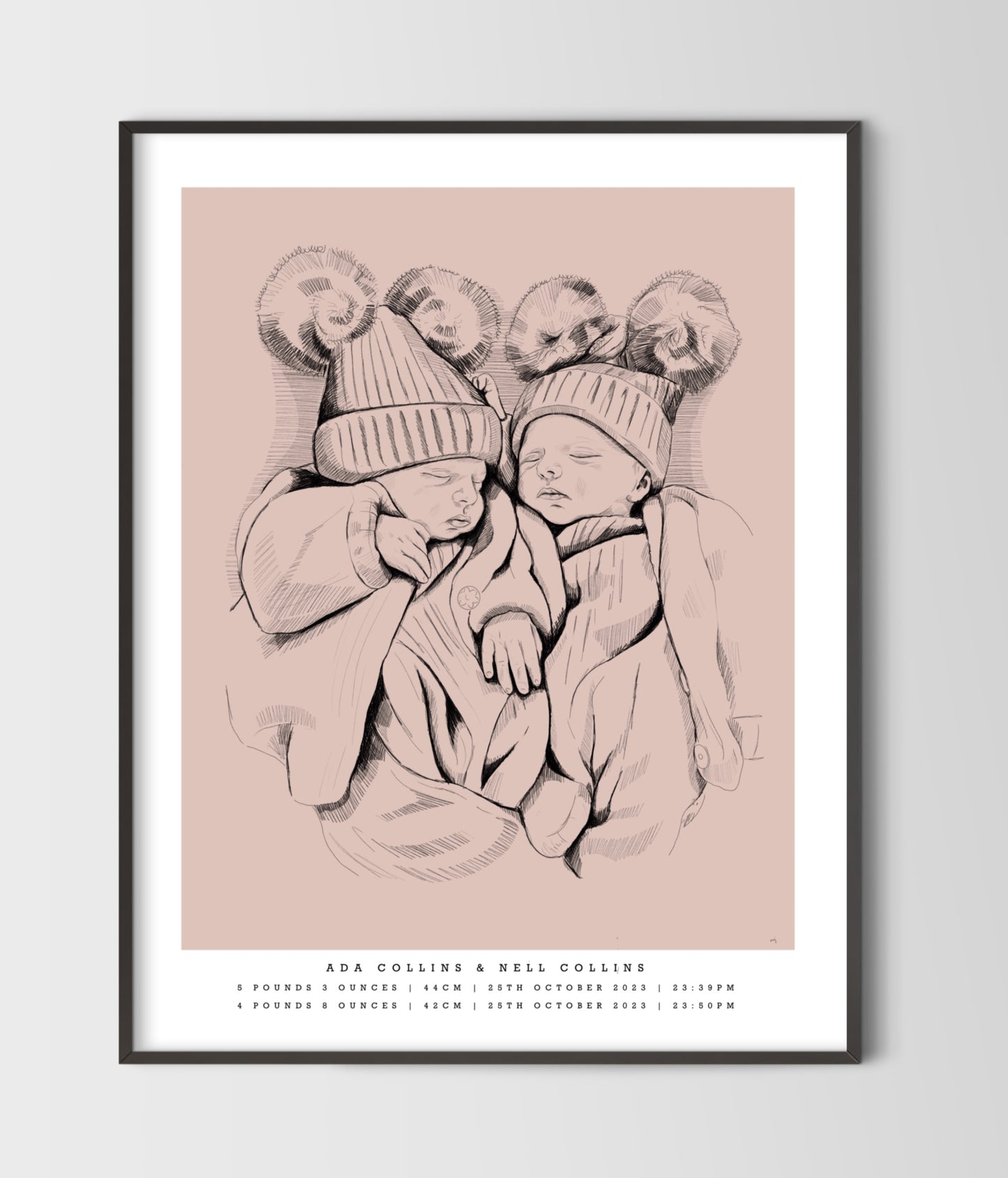 Hand-Drawn Birth Poster - Twins & triplets