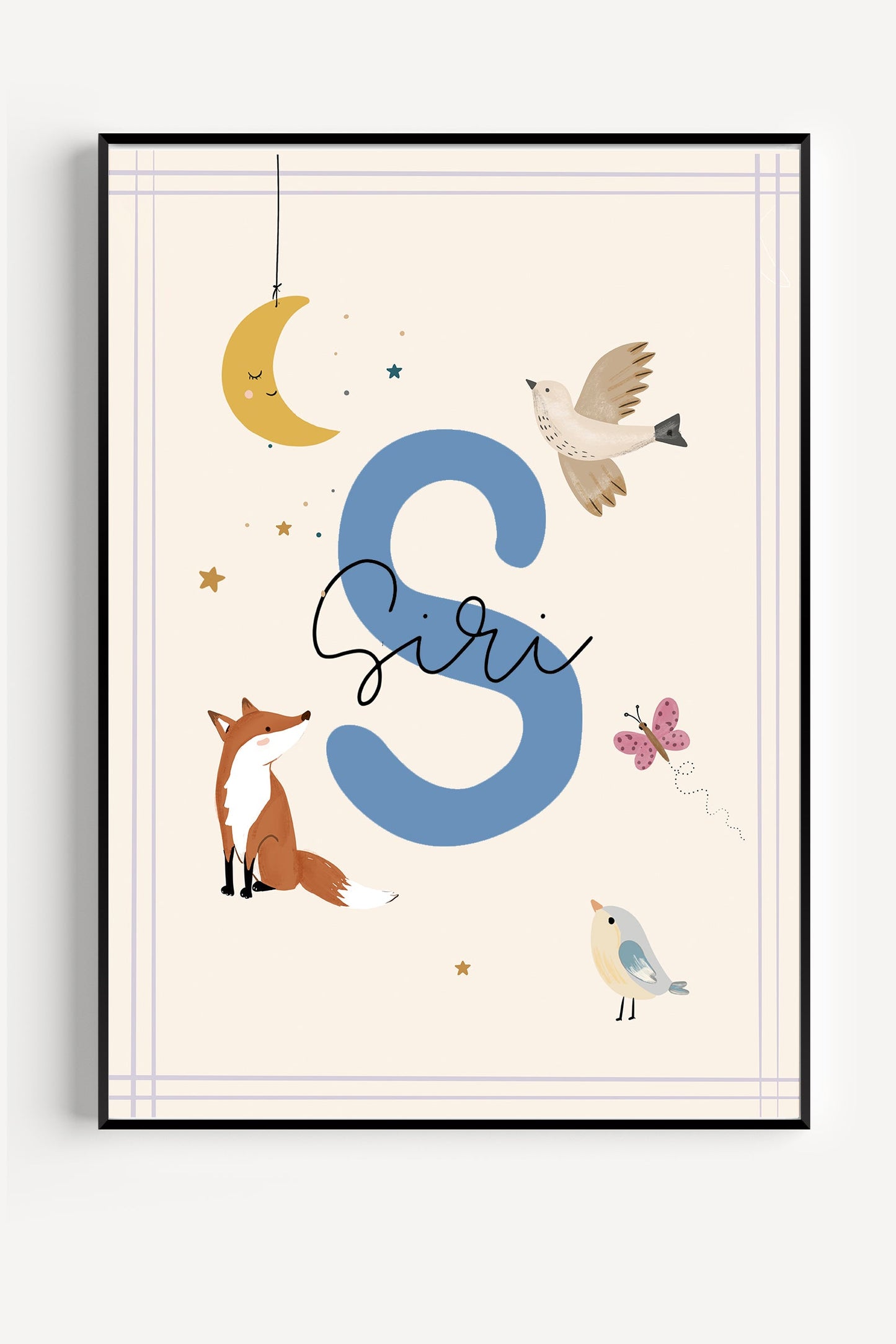 Custom name poster with blue decorative initial and hand-drawn woodland illustrations for a child's bedroom.