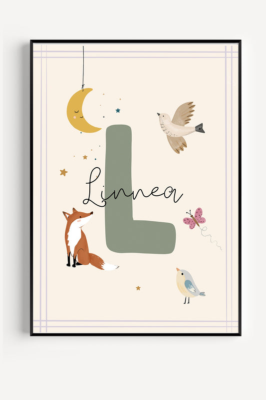 Personalized name poster with green initial letter, fox, bird, butterfly and moon illustrations for a nursery or child's room.