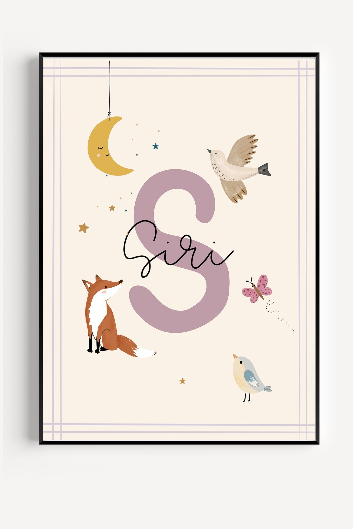 Personalized name poster with purple initial letter and whimsical hand-drawn illustrations for a child's room.